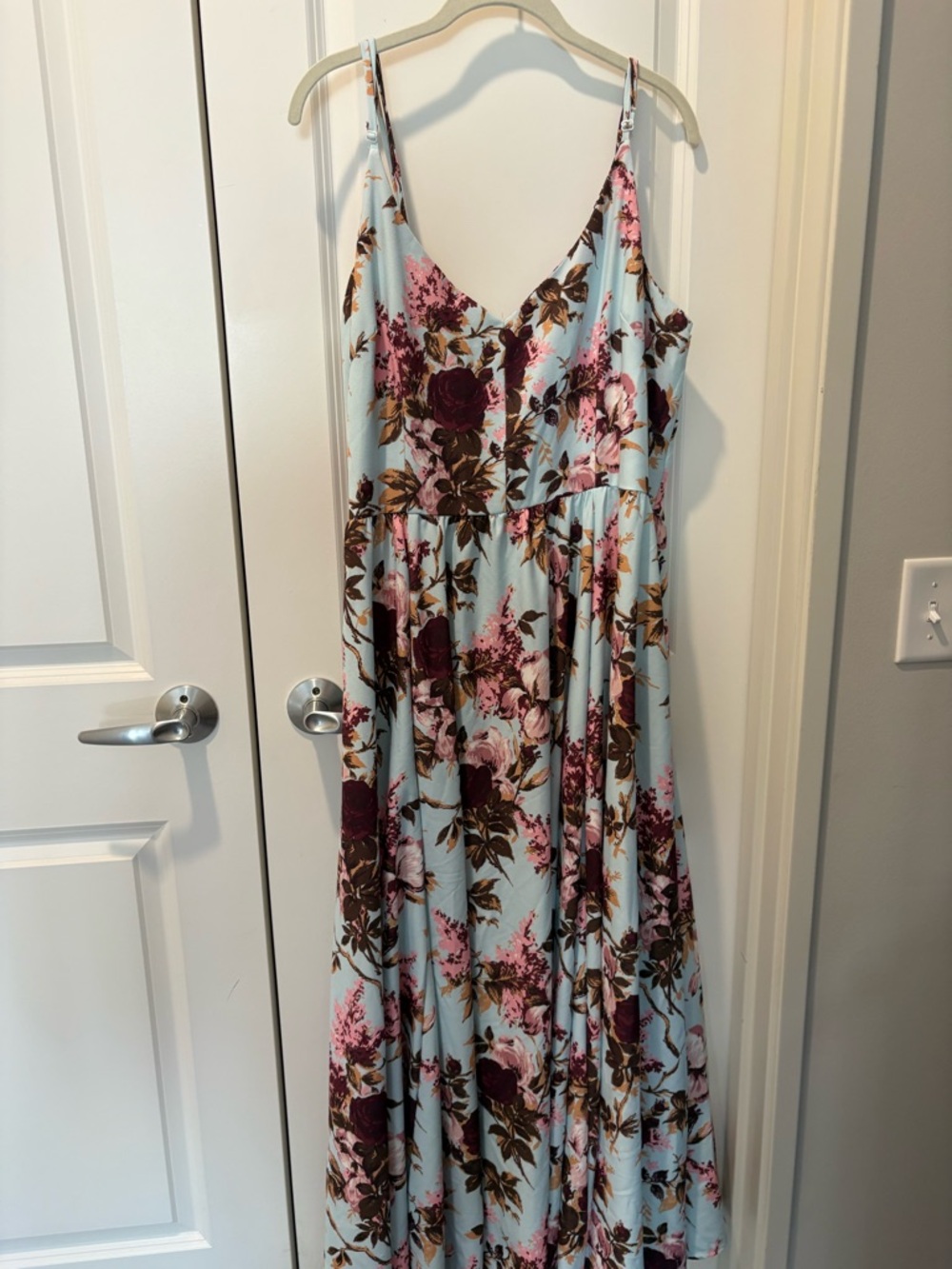 Floral V-Neck Maxi Dress in Light Blue and Burgundy